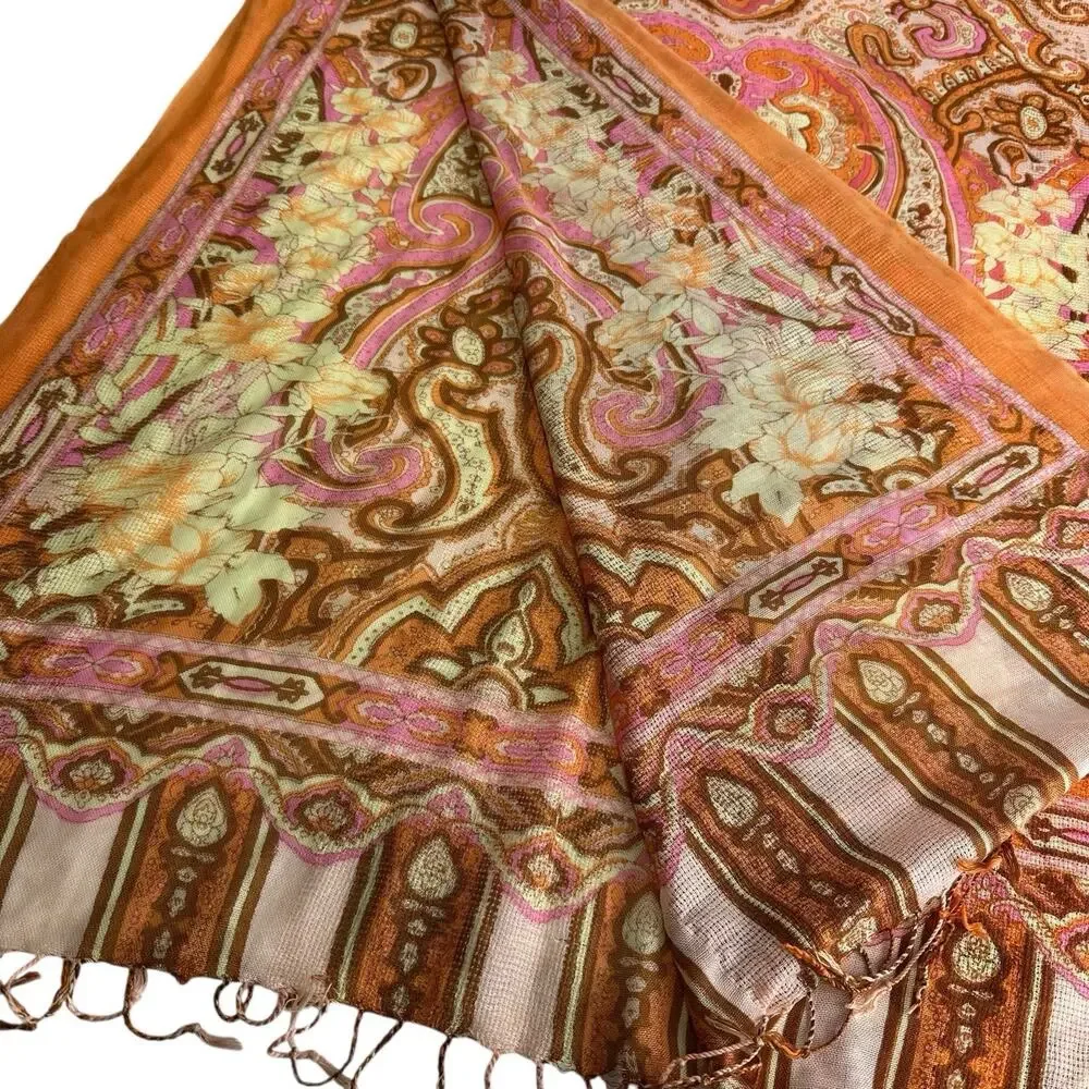 Paisley Fringe Wrap Scarf in Burnt Orange and Pink